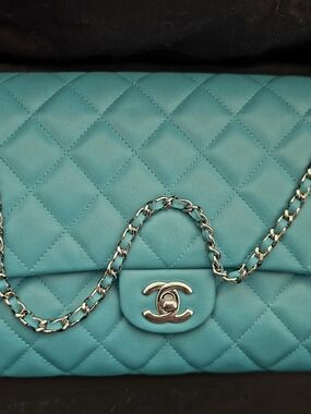 Chanel Tifanny Blue Quilted Leather Clutch (WOC) Torquoise With Silver Chain